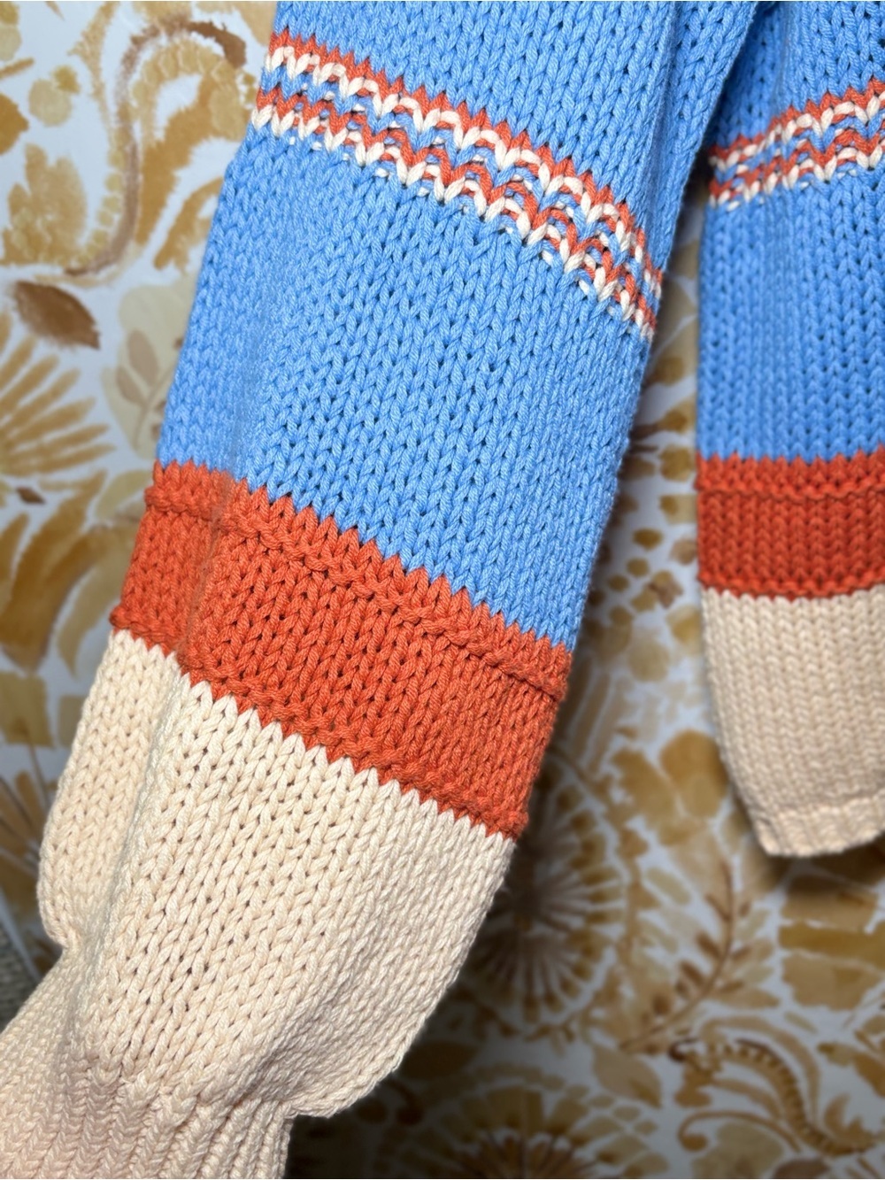 Colorblock Striped Chunky Knit Sweater | Blue Cream Rust V-Neck Boho Cozy - Picture 7 of 10